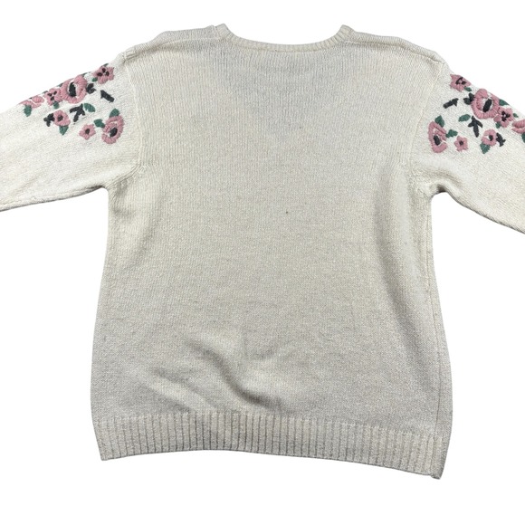 VTG Grannycore Floral Embroidered Knit Sweater Silk Gina Peters 80 Cottagecore L - Picture 3 of 7